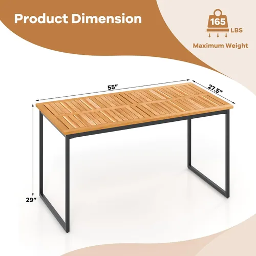 Vista 3 de Tangkula Mesa de comedor de madera de acacia de 55 pulgadas para 6, mesa rectangular para exteriores con patas de metal resistente y agujero