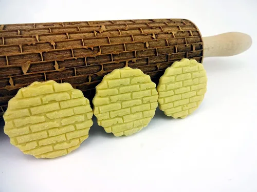 Vista 5 de Rodillo de Repostería con Relieve de LADRILLOS. Rodillo para Masa Grabado con Láser con Patrón de Pared para Galletas en Relieve o Cerámica por