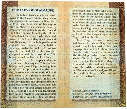 Vista 2 de William J. Hirten Tarjeta Santa Católica Deluxe con Oraciones Tradicionales (Nuestra Señora de Guadalupe)