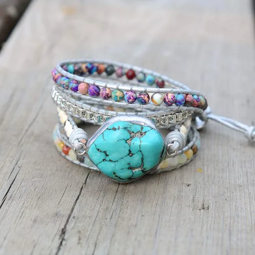 Vista 62 de ZOSOJONA - Pulseras bohemias hechas a mano de piedra natural, que dan vuelta, con cuentas de cristal de turquesa