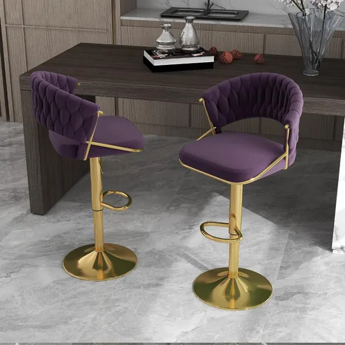 Vista 19 de Juego de 2 taburetes de bar giratorios de 360° con respaldo alto, silla de bar de terciopelo ajustable moderna de altura de mostrador, taburete