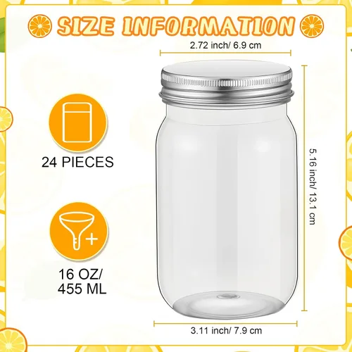 Vista 3 de Gerrii 24 tarros de plástico transparente de 16 onzas con tapas, vasos de cóctel rellenables, envases de avena vacíos durante la noche, recipientes