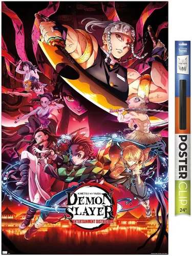 Vista 17 de Demon Slayer - Póster de pared Key Visual 1, 22.4 pulgadas de largo x 14.7 pulgadas de ancho, versión enmarcada de madera de granero