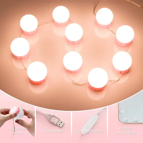 Vista 6 de Consciot Luces LED para espejo de tocador, luz de tocador estilo Hollywood con 10 focos regulables, color y brillo ajustables, cable USB, luces
