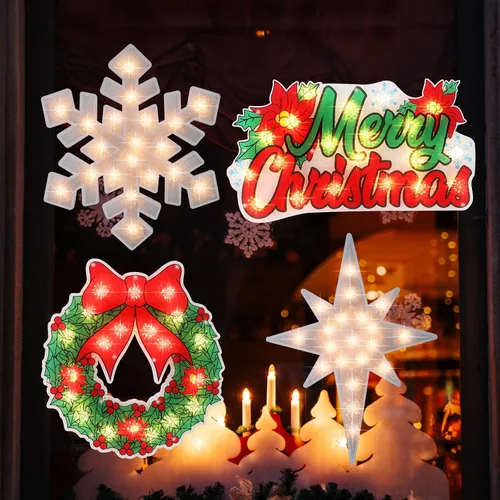 Vista 2 de 4 piezas de decoración de silueta de ventana de Navidad iluminada, estrella de Belén, feliz Navidad, copo de nieve, corona para ventana, decoración