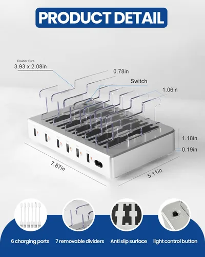 Vista 5 de Estación de carga USB de 6 puertos con 6 cables incluidos, concentrador de carga rápida para iPhone, teléfono celular, tableta, reloj inteligente