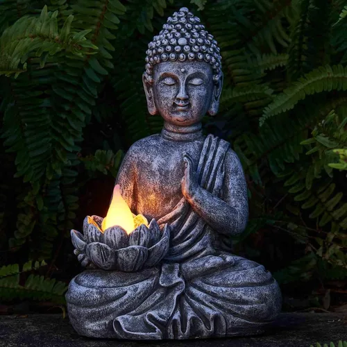 Vista 5 de Estatua Solar de Buda - Escultura Zen para Exteriores con Luz LED de Loto Parpadeante - Regalo de Decoración de Jardín Impermeable - 11.81 Pulgadas