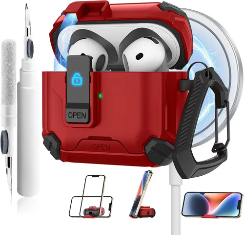 Vista 10 de Meliya Funda para AirPods 4, viene con soporte para teléfono y función MagSafe, funda rígida de protección completa automática emergente con bloqueo