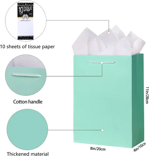 Vista 2 de SHIPKEY Paquete de 10 bolsas de regalo verde aguamarina con papel de seda bolsa de regalo de dama de honor de 8 x 4 x 11 pulgadas, bolsa de papel
