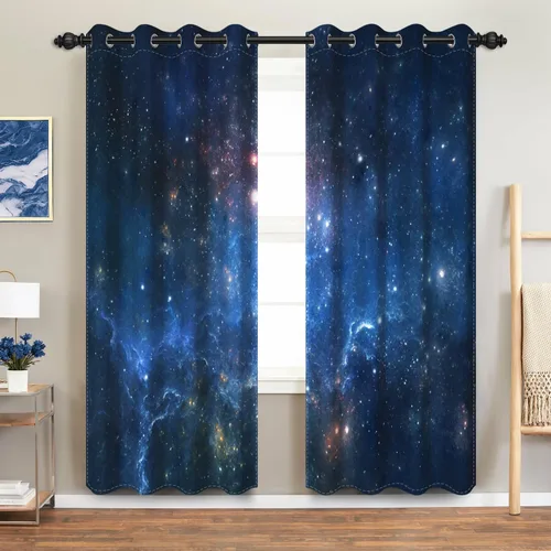 Vista 16 de Cortinas opacas de color azul marino para dormitorio de 84 pulgadas de largo con diseño de universo de dibujos animados, planeta, sala de estar
