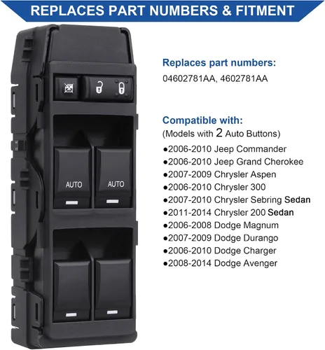 Vista 2 de Obaee Interruptor eléctrico de ventana compatible con Jeep Commander/Grand Cherokee 2006-2010, Chrysler Aspen/Chrysler 200/300/Sebring, Dodge
