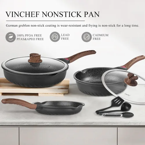 Vista 2 de Vinchef Juego de ollas y sartenes, juego de utensilios de cocina antiadherentes para inducción de 12 piezas con asas que se mantienen frías