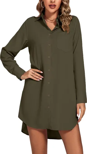 Vista 5 de LYANER Vestido camisero para mujer con cuello en V, botones, manga larga y dobladillo curvado