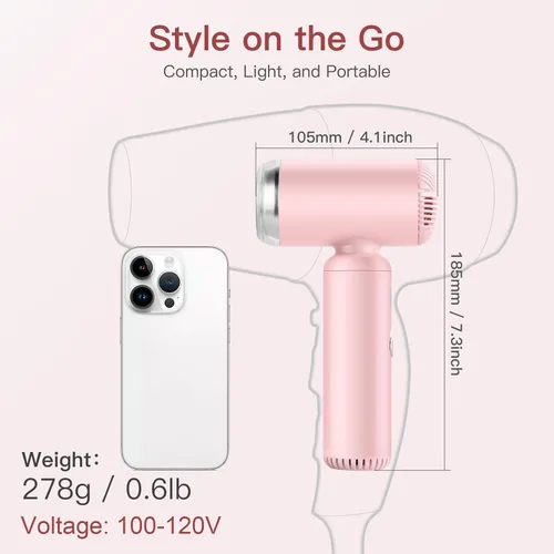Vista 2 de Webeauty - Mini secador de pelo con difusor, motor de alta velocidad de 110,000 RPM, protección de iones negativos de 656.2 ft, ajustes de 3 Rosa