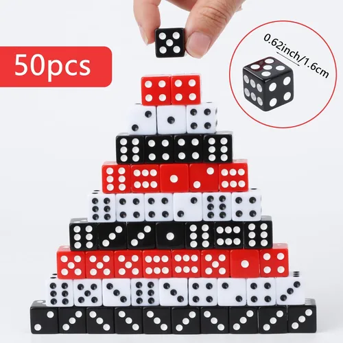 Vista 2 de Juego de 50 dados estándar de 0.63 pulgadas con acrílico negro, blanco, rojo, 6 caras, a granel, dados de casino para fiestas temáticas de casino