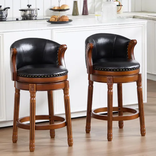 Vista 19 de RAINMOOD Taburete de bar, taburetes de bar giratorios de estilo moderno de mediados de siglo con asiento de cuero y patas de madera, silla