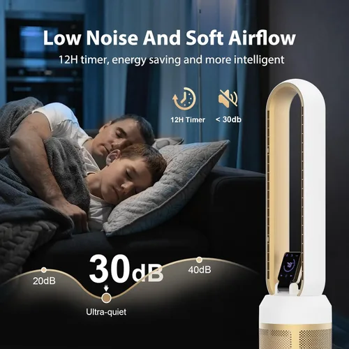 Vista 8 de Ventilador sin aspas de 38 pulgadas para dormitorio, ventilador de torre silencioso con control remoto y pantalla táctil LED grande, 24 velocidades