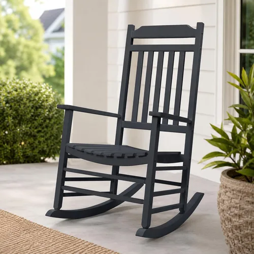 Vista 11 de Kozyard Mecedora de madera, silla mecedora de madera maciza para exteriores con respaldo alto y asiento de listones, mecedora ergonómica