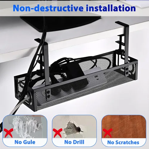Vista 3 de Bandeja de Gestión de Cables para Debajo del Escritorio Pequeña – Organizador de Cables con Soporte de Abrazadera y Gestión de Cables para Debajo