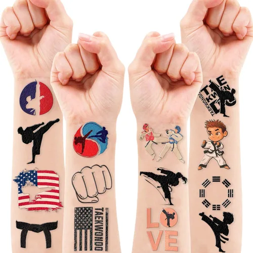Vista 8 de 96 tatuajes temporales precortados de Taekwondo - Recuerdos de fiesta temática de karate y kung fu, lindos tatuajes falsos para niños, niños