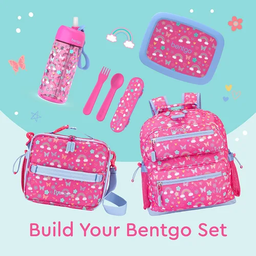 Vista 5 de Bentgo® Kids Prints - Lonchera infantil de 5 compartimentos estilo Bento, con utensilios de plástico reutilizables (arcoíris y mariposas)