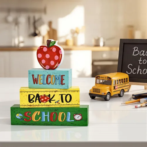 Vista 3 de Letreros de escritorio de madera con forma de manzana, lápiz, regreso a clases, decoración de mesa para aula y oficina en casa, regalo escolar