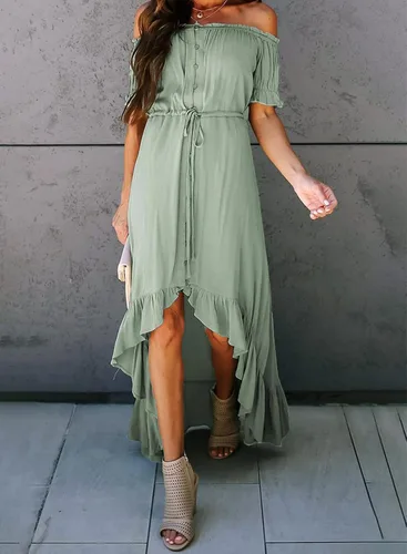 Vista 4 de Happy Sailed - Vestido largo casual con hombros descubiertos para mujer manga corta dobladillo irregular con volantes para dama de honor fiesta