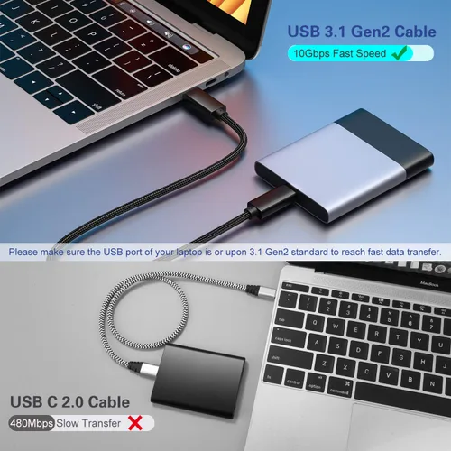 Vista 2 de Cable corto USB C a USB C de 1.5 pies, 100 W 3.1 Gen2, cable de carga rápida de 10 Gbps de transferencia de datos para disco duro SSD, MacBook