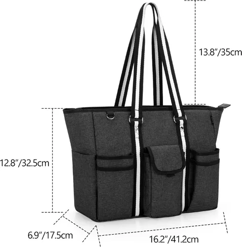 Vista 7 de CURMIO Bolsas y bolsas para profesores para mujer, bolsa de trabajo grande con funda para laptop para oficina, color negro