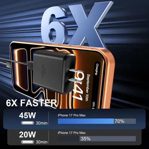 Vista 3 de Cargador para teléfono 17 16 Pro Max de carga rápida, 45 W USB C Phone 17 16 Bloque de carga súper rápido con cable de carga tipo C de 6.6 pies