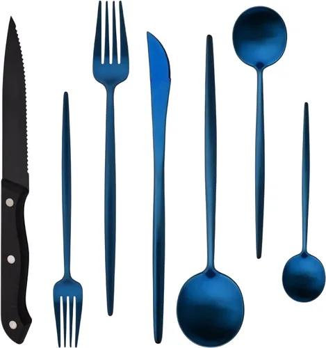 Vista 13 de Juego de cubiertos de 28 piezas con cuchillos para carne, cubiertos de acero inoxidable 18/8, juego de cubiertos modernos para 4 tenedores de Negro