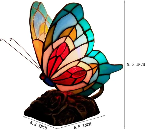 Vista 8 de Pequeña lámpara de mesa Tiffany de vidrio manchado Lámpara de escritorio de mariposa de 7X5X9.8 pulgadas Luz de acento antigua