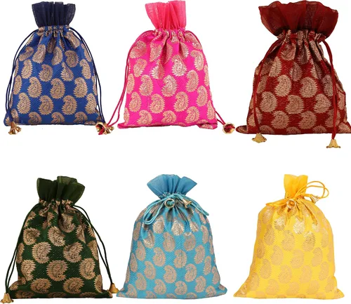 Vista 8 de Touchstone Bolsas con cordón de tela tradicional india, hechas a mano, perfectas para regalos, joyas, bodas, bolsas, bolsas, Potli, -Mimosa