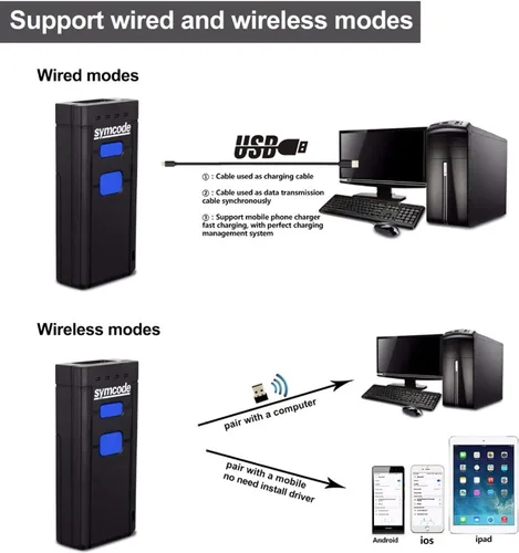 Vista 4 de Symcode Escáner de código de barras Bluetooth 2D, mini escáner de código de barras CMOS inalámbrico de mano 1D 2D con conexión inalámbrica