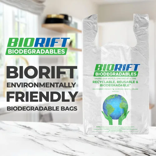 Vista 8 de BioRift Bolsas de comestibles para camisetas – 100% biodegradables y ecológicas – Bolsas de basura pequeñas reutilizables para supermercado – Asas