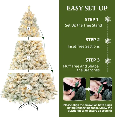 Vista 7 de Árbol de Navidad artificial con bisagras preiluminado flocado de Árbol flocado básico