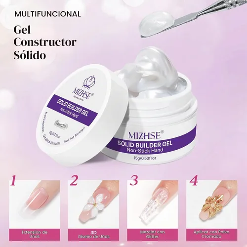 Vista 3 de MIZHSE Gel constructor sólido para uñas, arte de uñas 3D transparente y blanco perla, gel duro de construcción no pegajoso con bolígrafo de silicona