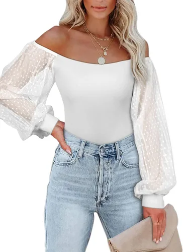 Vista 2 de PINKMSTYLE Body de manga larga con cuello cuadrado para mujer, con lunares, traslúcido, básico