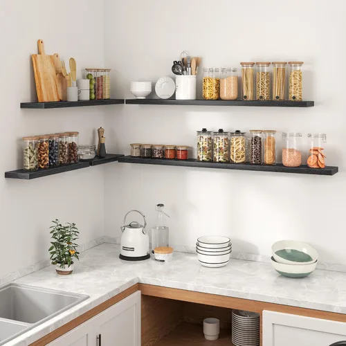 Vista 2 de Heimlove Estantes flotantes para pared, estante de 16 pulgadas para baño pequeño, almacenamiento montado y exhibición, estantes de madera para Negro