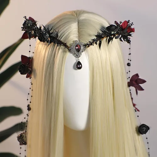 Vista 4 de MOSTORY Corona de flores de hada, corona de elfo floral, círculo de flores de bosque para mujer, Renfaire, Halloween Negro-rojo