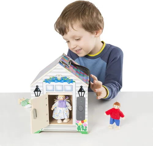 Vista 3 de Melissa & Doug Casa de muñecas de madera con campanilla, para llevar, con sonidos de campanillas, llaves, 4 muñecas de madera que posan