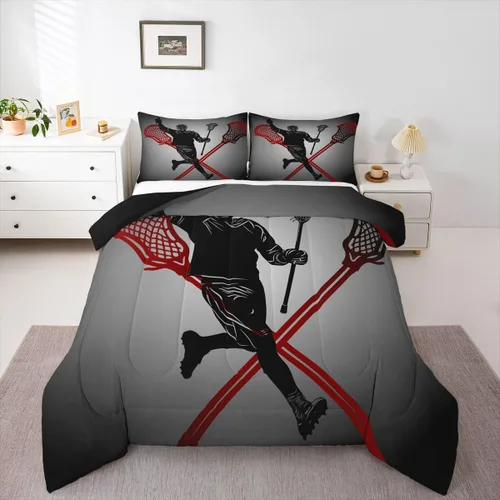 Vista 17 de Lacrosse - Juego de edredón de juegos deportivos para niños y niñas, jugadores de hockey, relleno de edredón ligero de hockey negro con llama