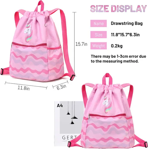 Vista 5 de Ryushoyo Bolsa impermeable con cordón para gimnasio, mochila deportiva para hombres, mujeres, niñas y niños, Unicornio Wave Rosa