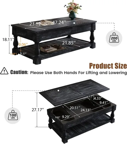 Vista 2 de Henf Mesa auxiliar elevable con almacenamiento, mesas de centro de madera maciza de 47.24 pulgadas con parte superior elevable, 3 bandejas