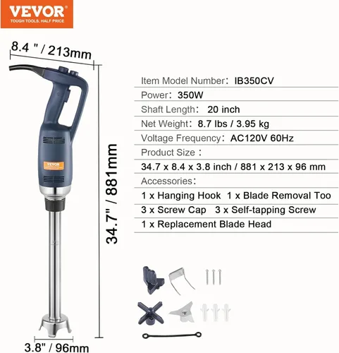 Vista 7 de VEVOR Licuadora de inmersión comercial de velocidad constante Licuadora de mano resistente de 350W Licuadora de mano de acero inoxidable 304