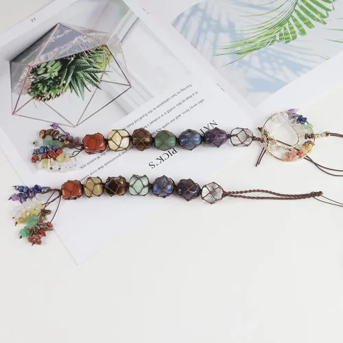 Vista 3 de 2 piezas de árbol de la vida, cristales curativos de 7 chakras, Feng Shui, adorno colgante de meditación para colgar en el automóvil, adorno