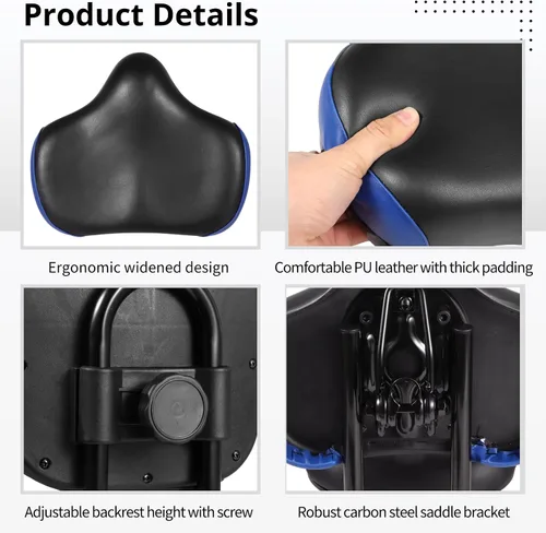 Vista 3 de Asiento de bicicleta con respaldo – Sillín de bicicleta de gran tamaño con soporte de espalda, asiento ancho acolchado de poliuretano