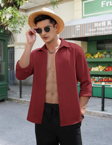 Vista 3 de COOFANDY Camisas casuales de lino de manga larga con botones para hombre