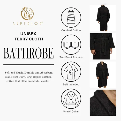 Vista 5 de Bata de rizo unisex de algodón, batas suaves y absorbentes para hombres y mujeres, accesorios de baño Negro