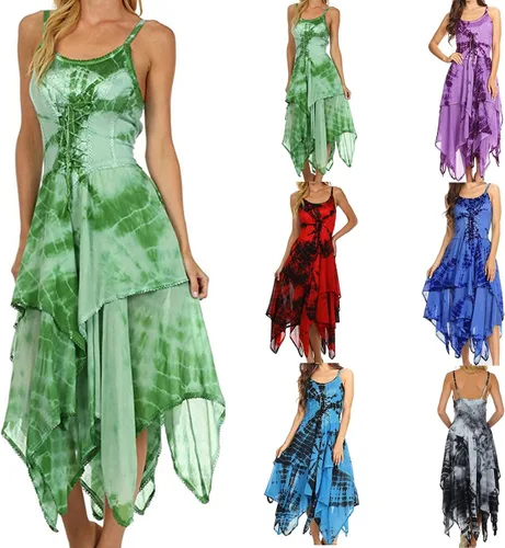 Vista 6 de NIUQI Womens Chic Summer Dresses Sleeveless Shoulder-Straps Tie-Dye Irregular Layered Handkerchief Hem Midi Dress
